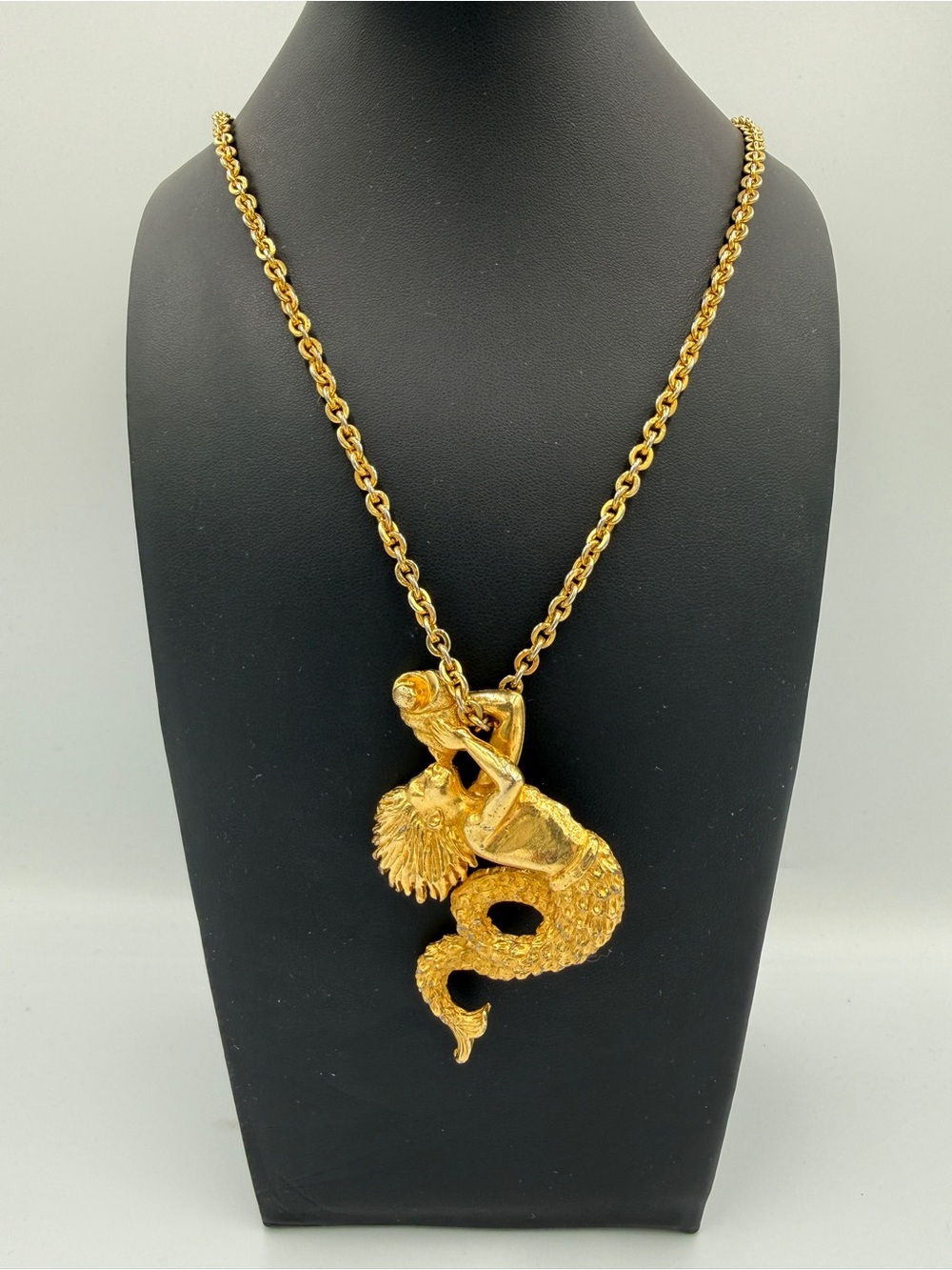 Gold Tone Mermaid Pendant Necklace 22” Sculptural Nautical Statement Jewelry